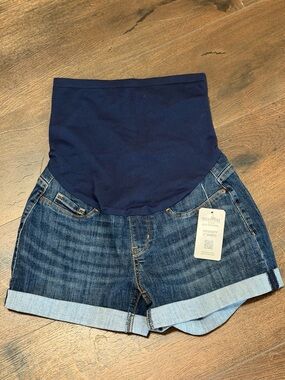 Signature Studio Navy Panel Maternity Denim Roll-Cuff Shorts